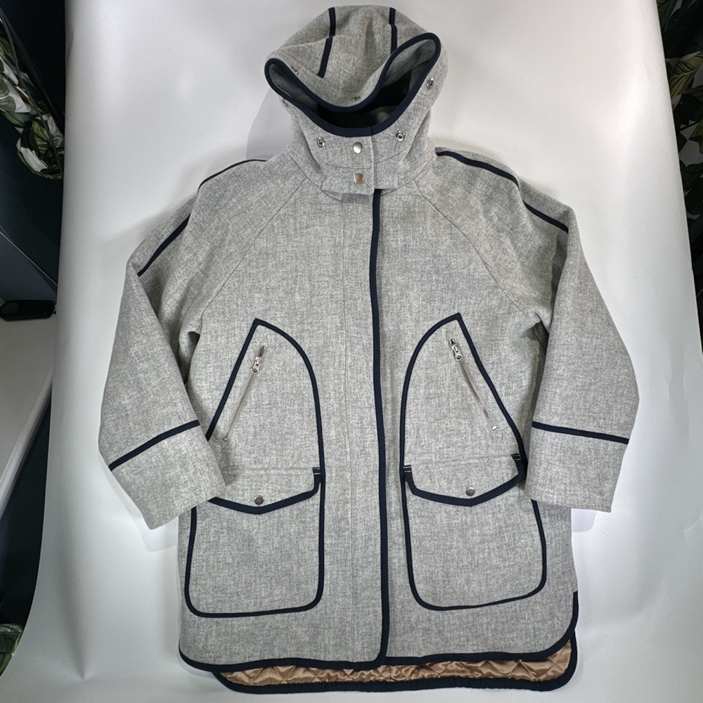 J. Crew Italian Stadium Cloth Hooded Wool Peacoat Womens 14 Gray Minimalist - Picture 2 of 14
